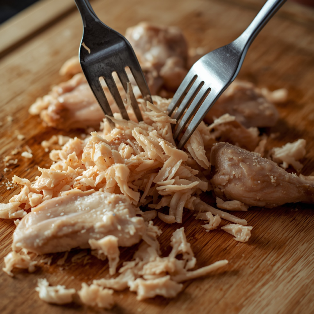 Cooked chicken thighs being shredded with two forks on a cutting board