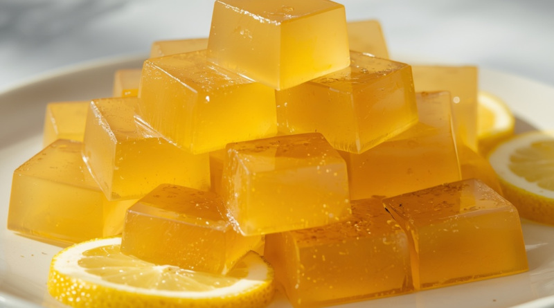 Jello recipe for weight loss cut into cubes on a plate with lemon slices