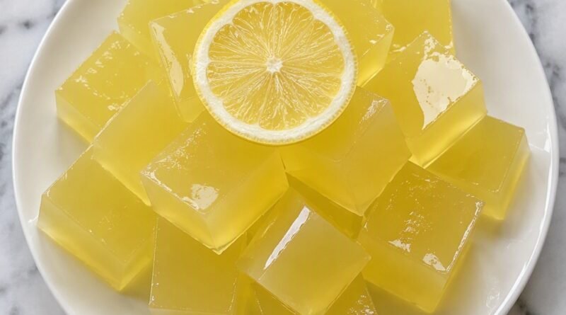 Lemon gelatin weight loss recipe cut into cubes with a lemon slice on top