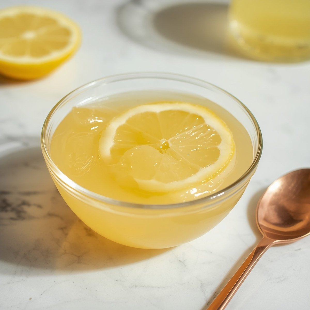 Lemon gelatin weight loss recipe set in a glass bowl with a lemon slice on top