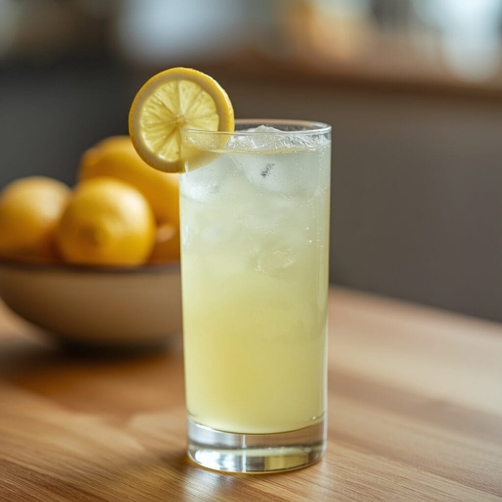 Glass of lemonade diet master cleanse drink with lemon slices on a wooden table