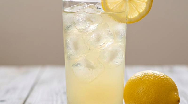Square shot of a tall glass filled with pale yellow lemonade drink and ice cubes, garnished with a lemon slice on the rim, a whole lemon beside the glass