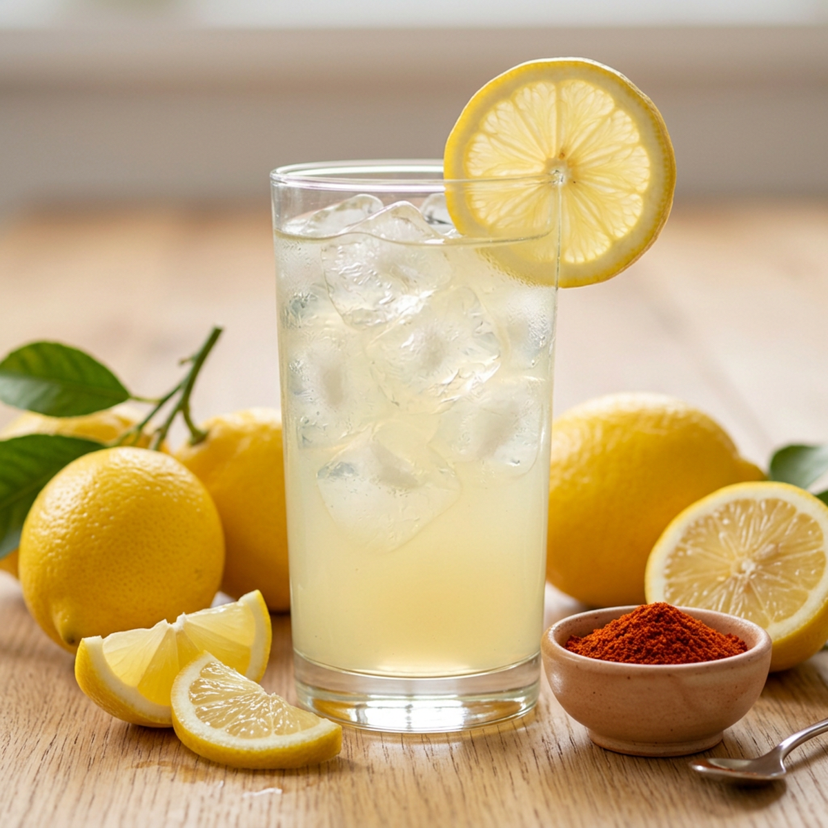 Square shot of a tall glass filled with pale yellow lemonade drink, garnished with a lemon slice on the rim, whole and sliced lemons and a small bowl of red chili powder arranged around the glass