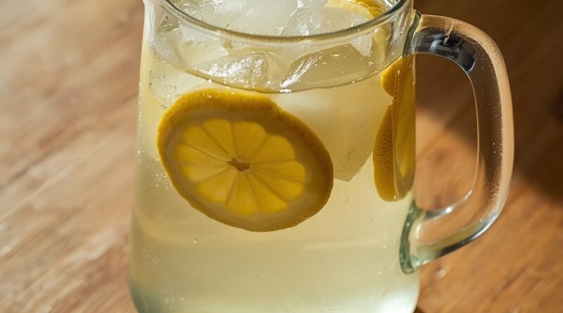 Close-up of a glass pitcher filled with lemonade, lemon slices and ice