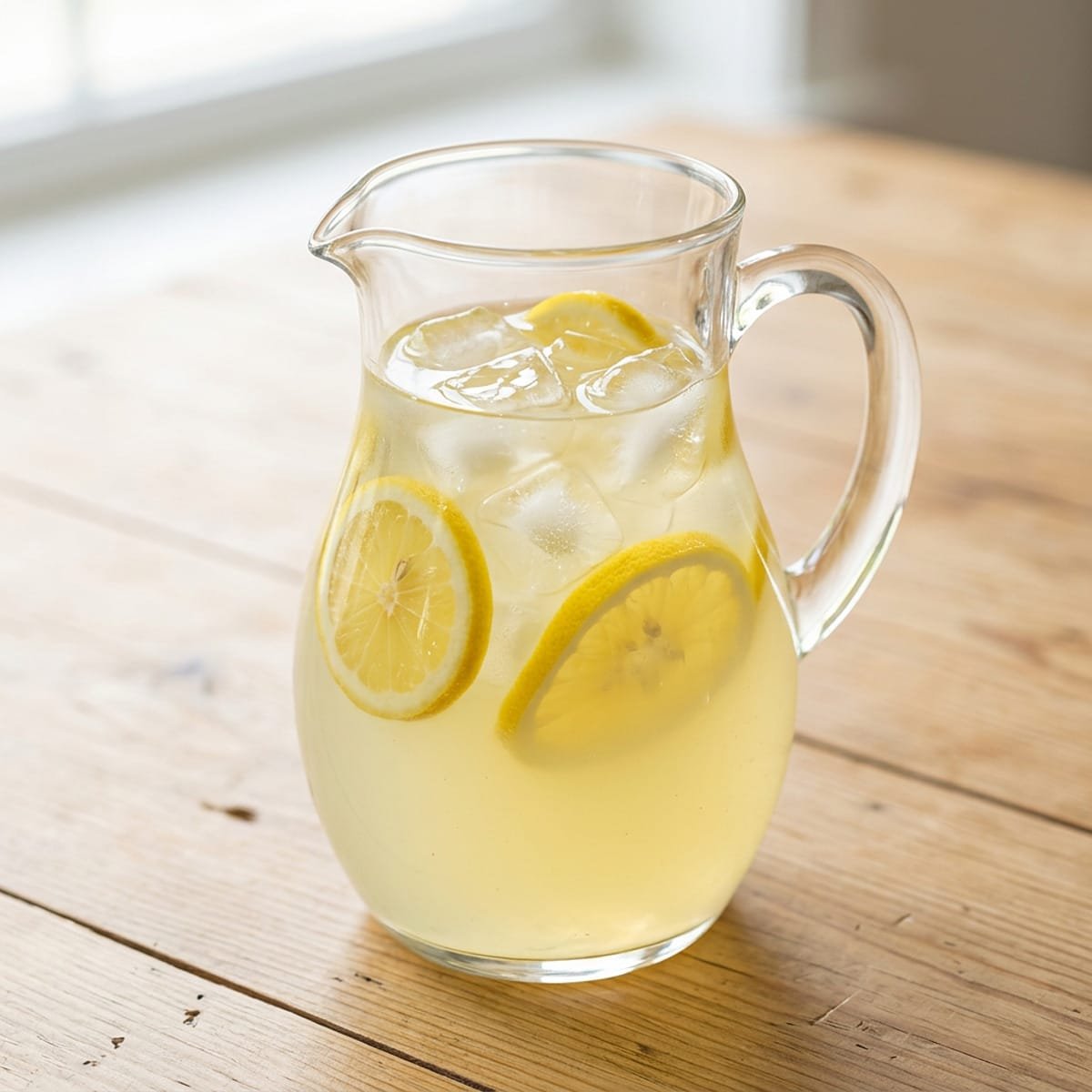 Pitcher of lemonade with lemon slices and ice