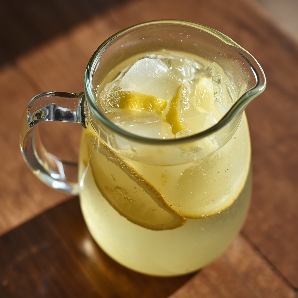 Close-up of a glass pitcher filled with lemonade, lemon slices and ice