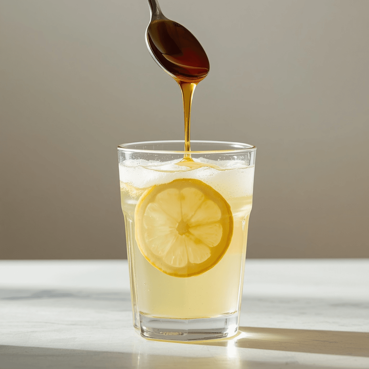 Pouring maple syrup into a glass of lemonade diet drink
