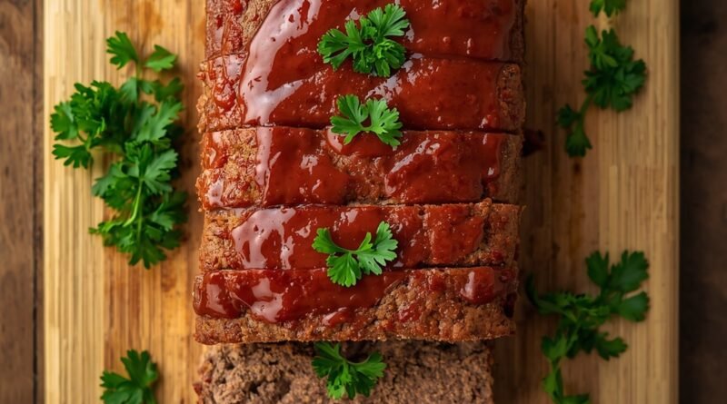 Overhead shot of sliced meatloaf with glossy ketchup glaze on a cutting board
