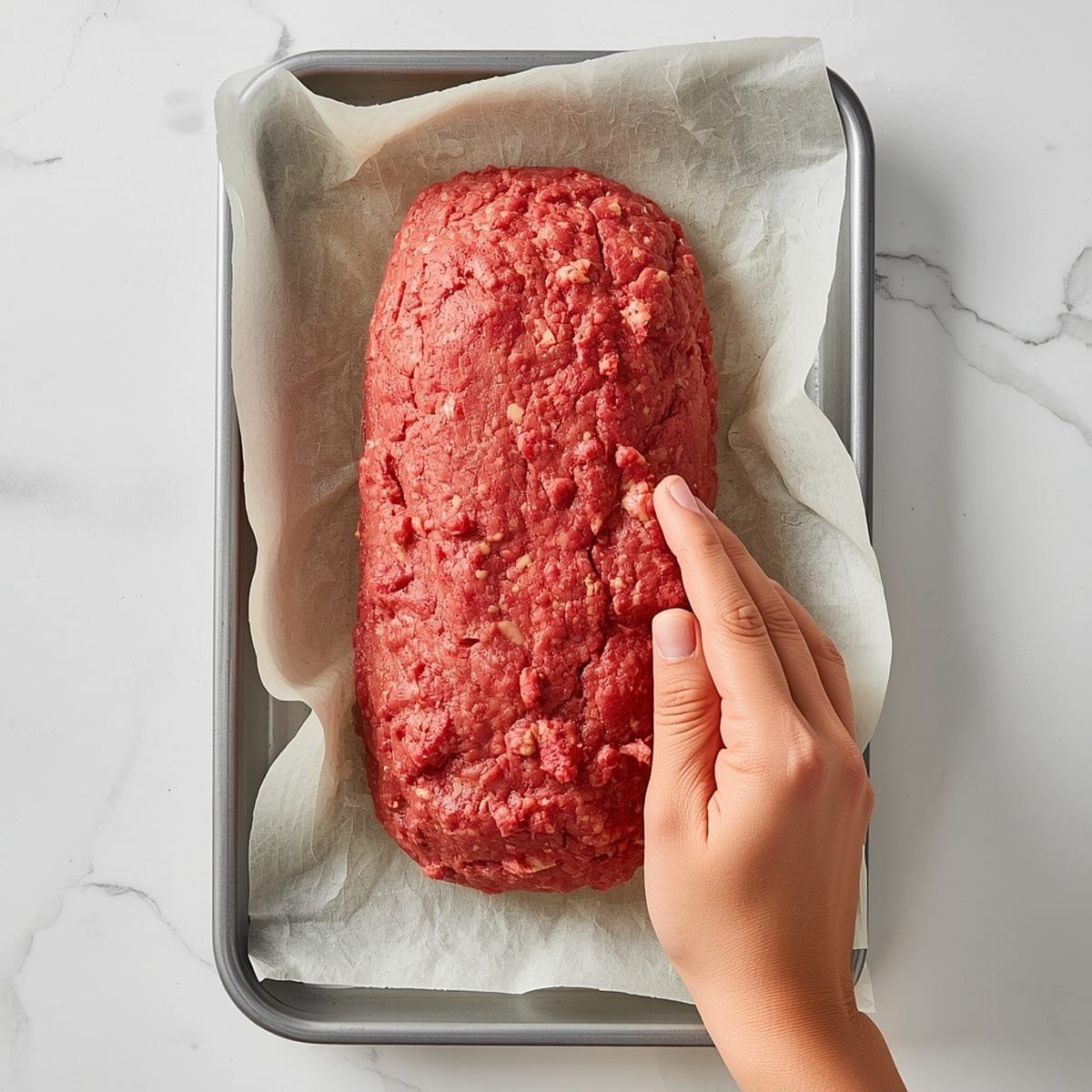 Shaping meatloaf mixture into a free-form loaf on a baking sheet for this meatloaf recipe