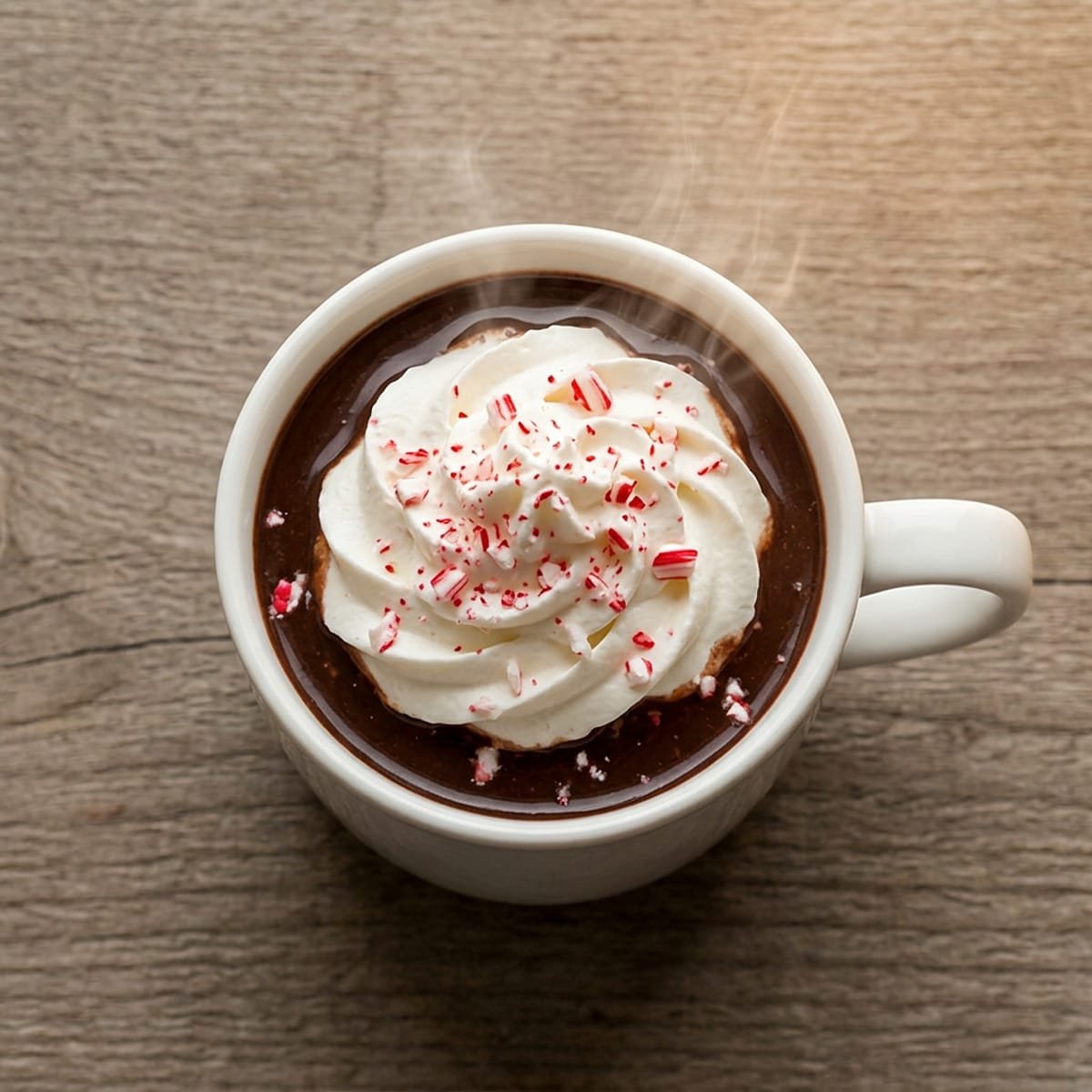  Mug of this hot chocolate recipe topped with whipped cream and crushed candy cane