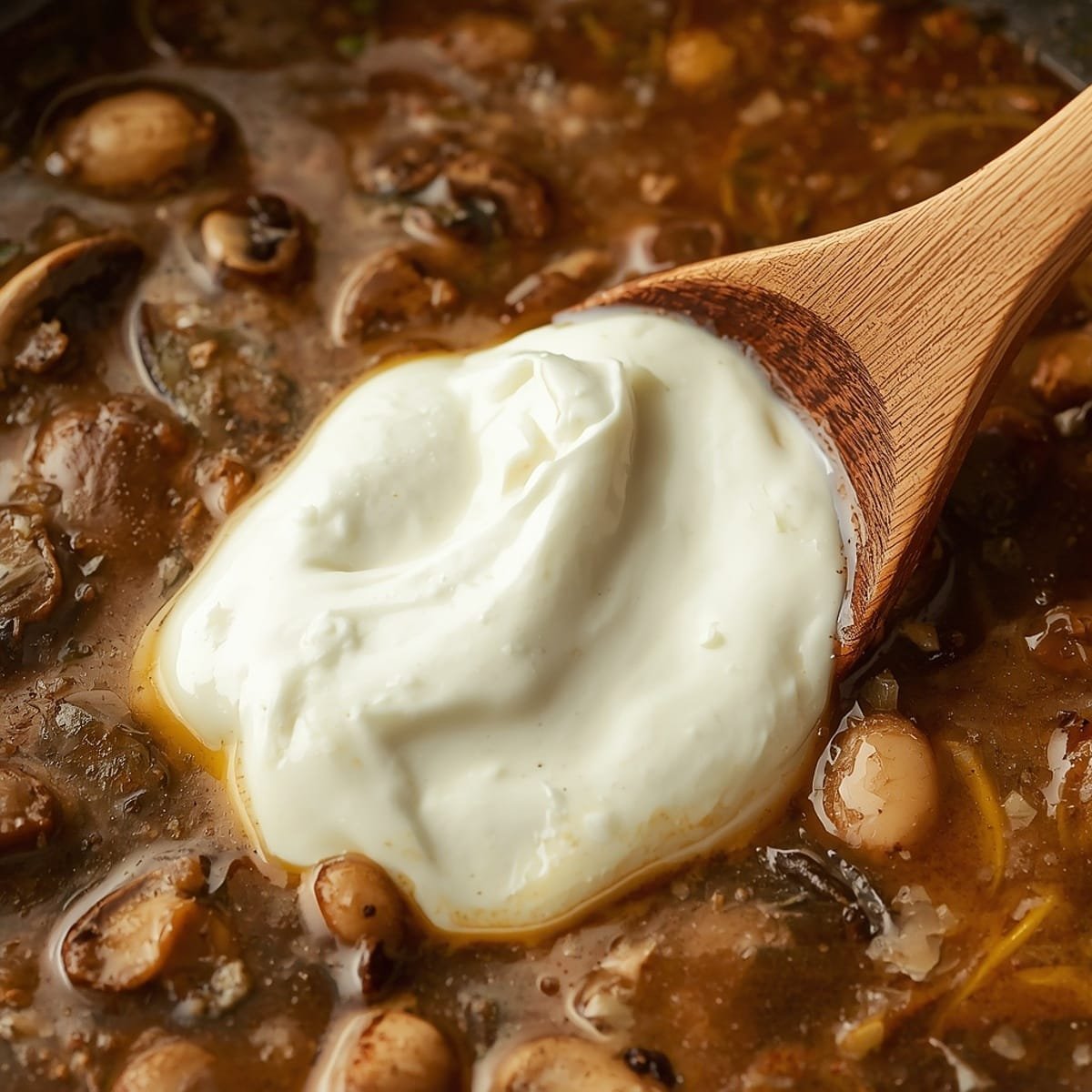 Stirring sour cream into the stroganoff sauce