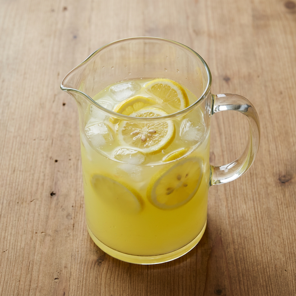 Pitcher of lemonade recipe with lemon slices and ice, ready to serve