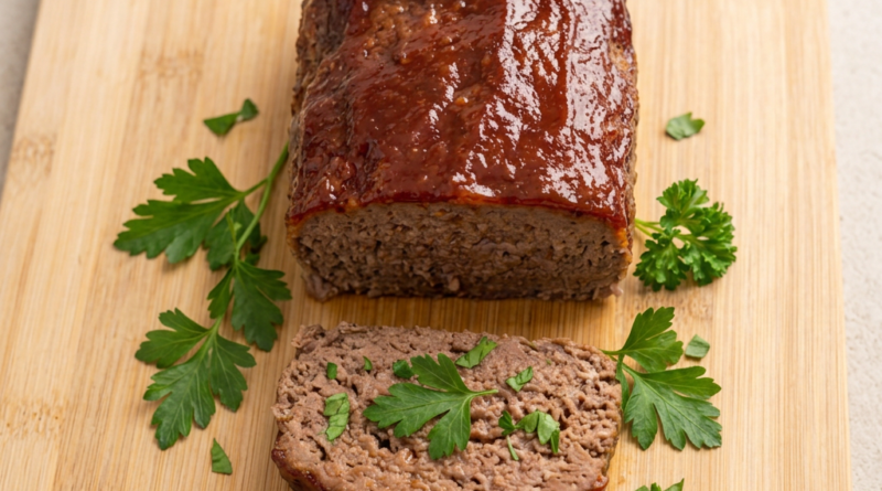 Meatloaf recipe sliced on a cutting board with glossy glaze