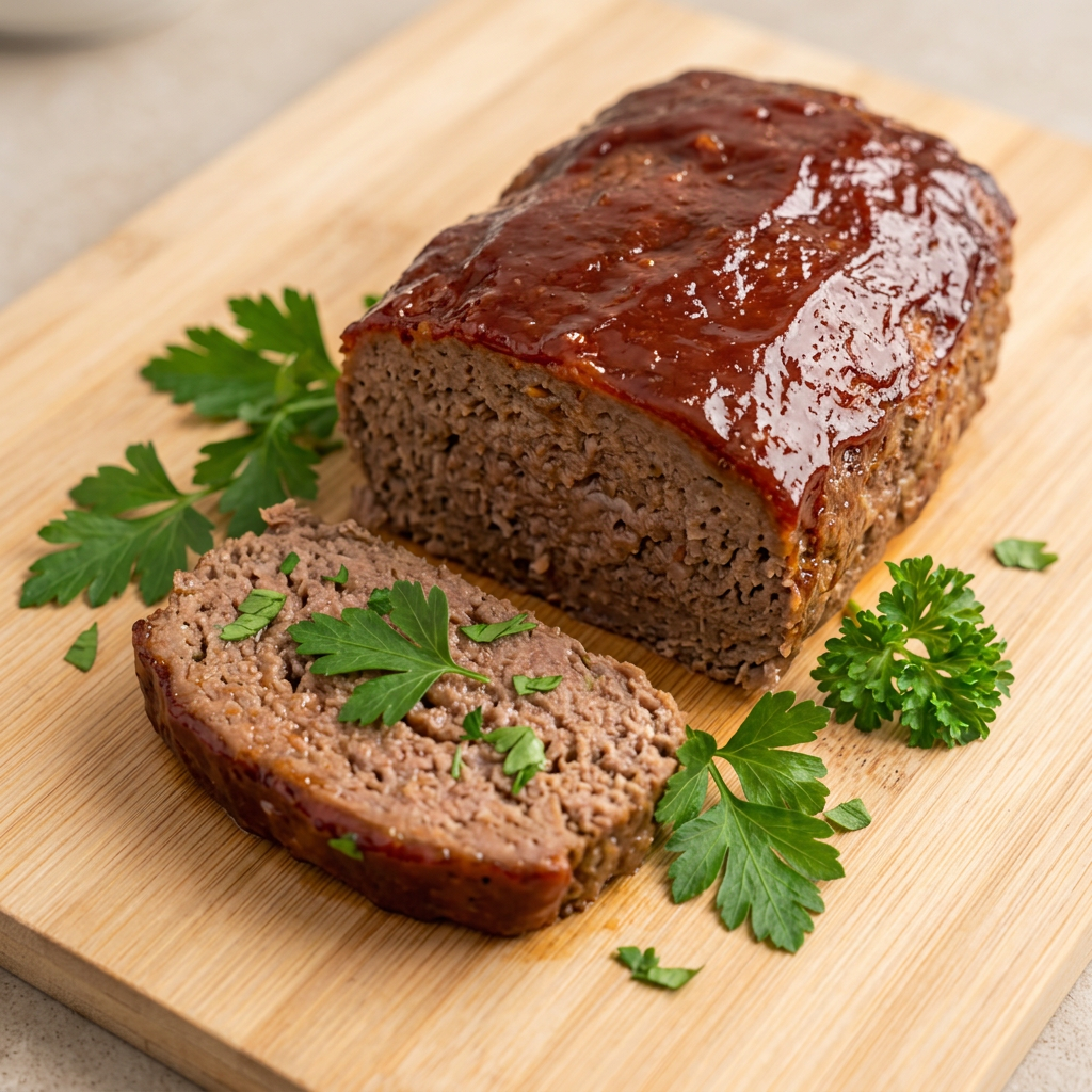 Sliced meatloaf recipe with glossy glaze on a cutting board, ready to eat