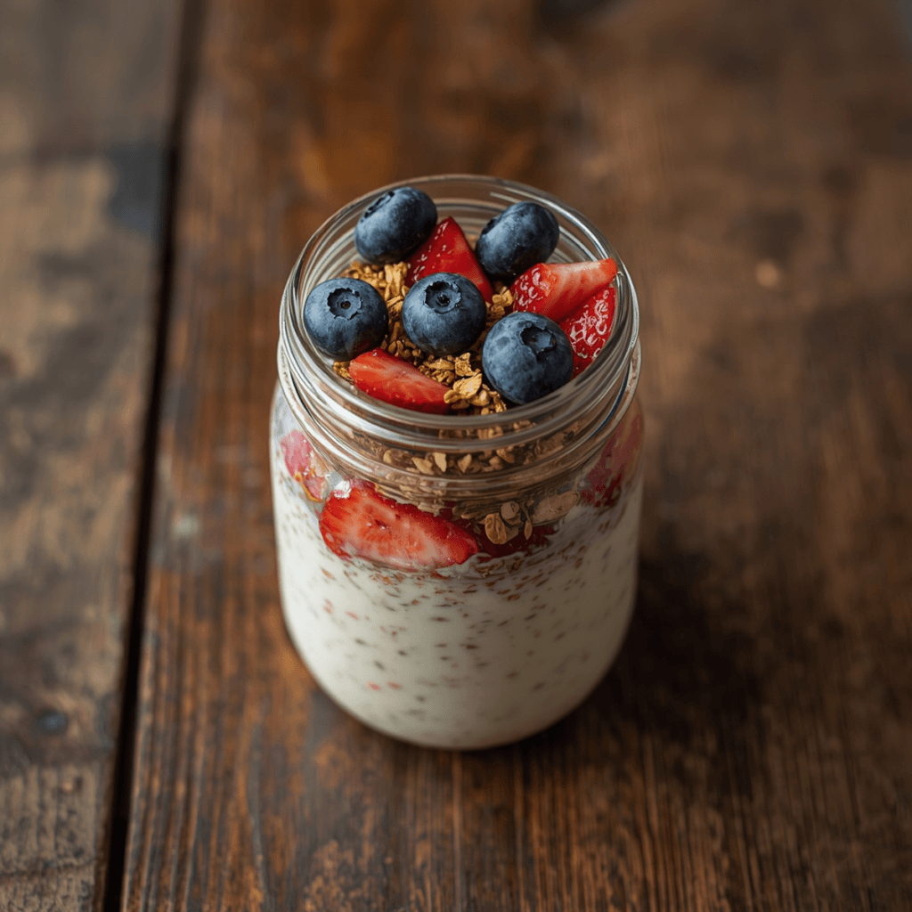Square shot of a glass jar of layered overnight oats topped with blueberries, strawberries, and granola, sitting on a rustic wooden surface