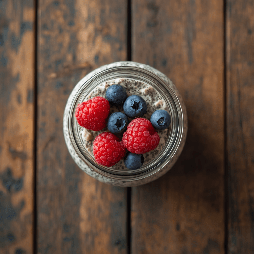 Square overhead shot of a glass jar filled with overnight oats and chia seeds, topped with fresh raspberries and blueberries, on a rustic wooden surface