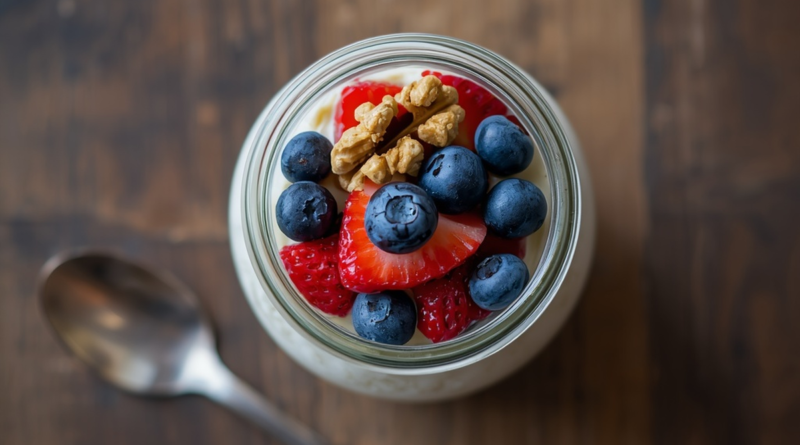 Square overhead shot of a glass jar of overnight oats topped with blueberries, strawberries, and walnuts, a spoon resting beside the jar, on a wooden surface
