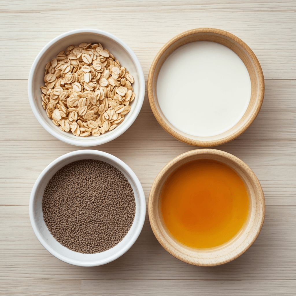 Square overhead shot of four bowls arranged in a grid on a light wooden surface, one bowl with rolled oats, one with chia seeds, one with milk, one with honey