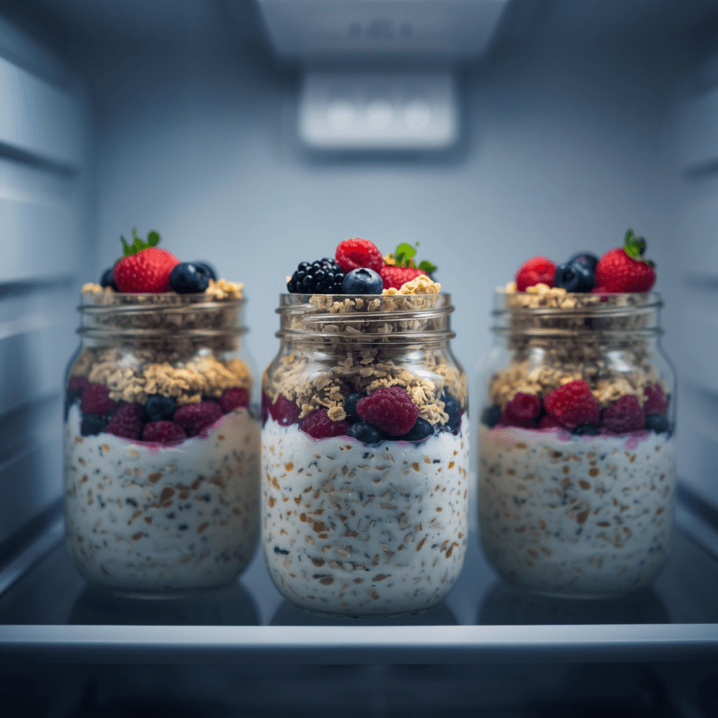 Square shot of three glass jars of layered overnight oats topped with berries and granola, sitting inside a fridge