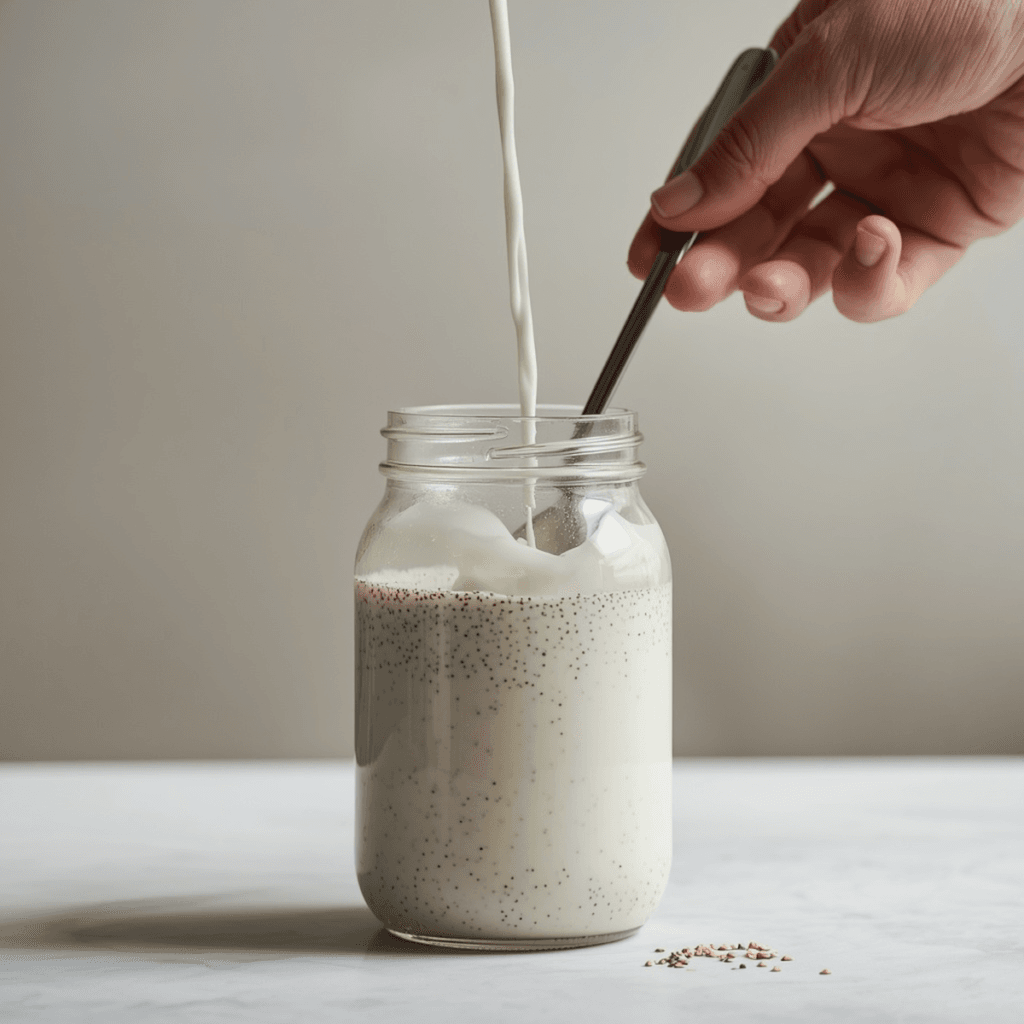 Square shot of milk being poured into a glass jar of oats and chia seeds, a hand stirring with a spoon