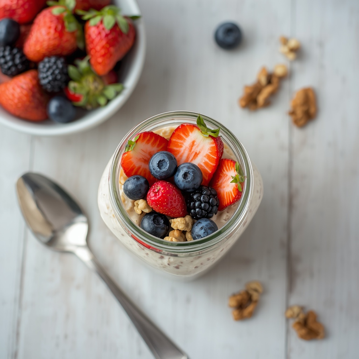 Square overhead shot of a glass jar of overnight oats topped with strawberries, blueberries, blackberries, and walnuts, a spoon resting beside the jar, a bowl of strawberries and scattered walnuts in the background