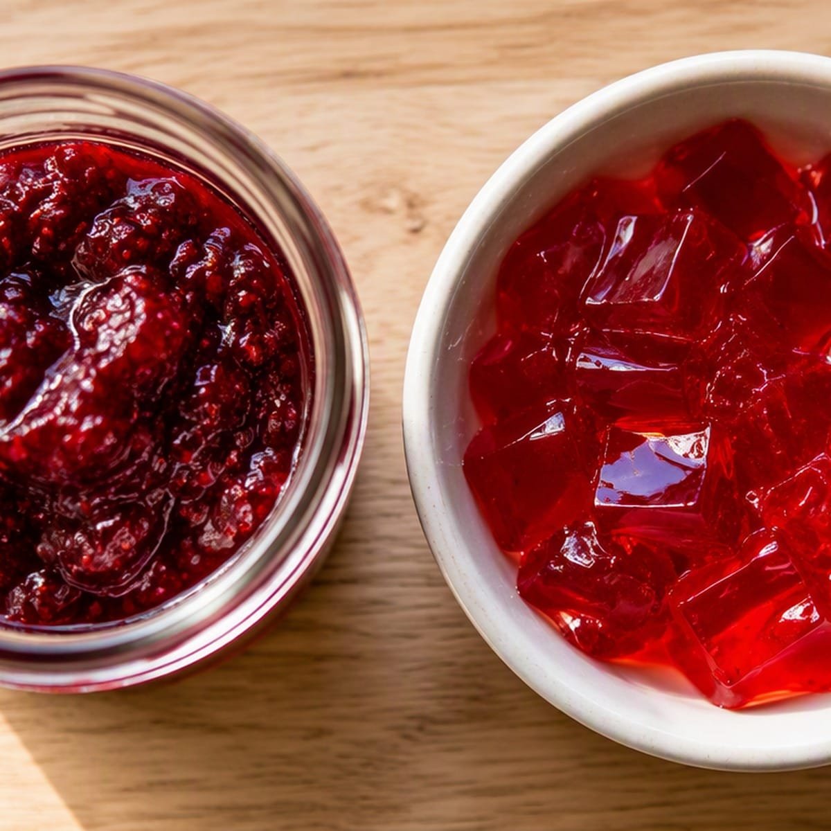 jar of pectin-set fruit jam next to a bowl of jiggly gelatin cubes