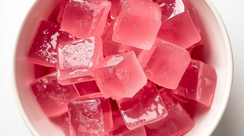 Pink gelatin cubes in a white bowl, translucent jelly texture, low-calorie dessert recipe