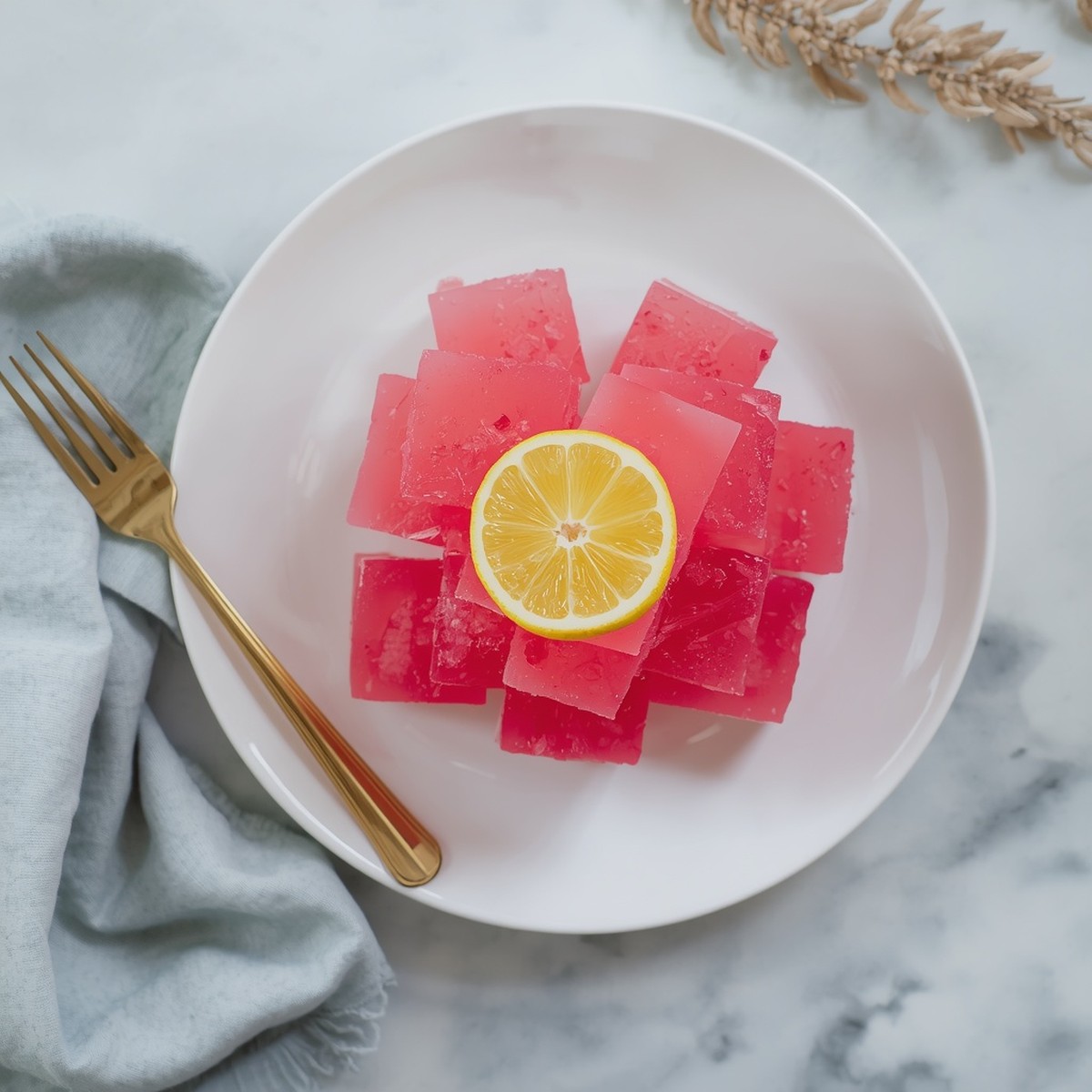 Pink gelatin cubes on a white plate garnished with a lemon slice, gold fork beside the plate