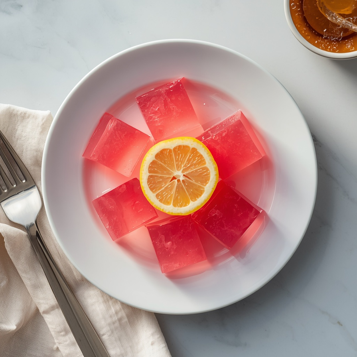 Pink gelatin cubes on a plate topped with a lemon slice, served with a fork and napkin