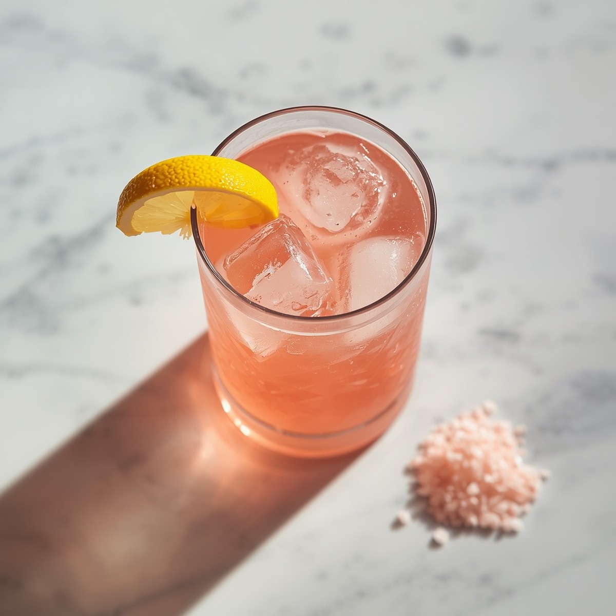 Glass of pink salt drink with ice, garnished with a lemon wedge, pink Himalayan salt crystals scattered nearby on marble