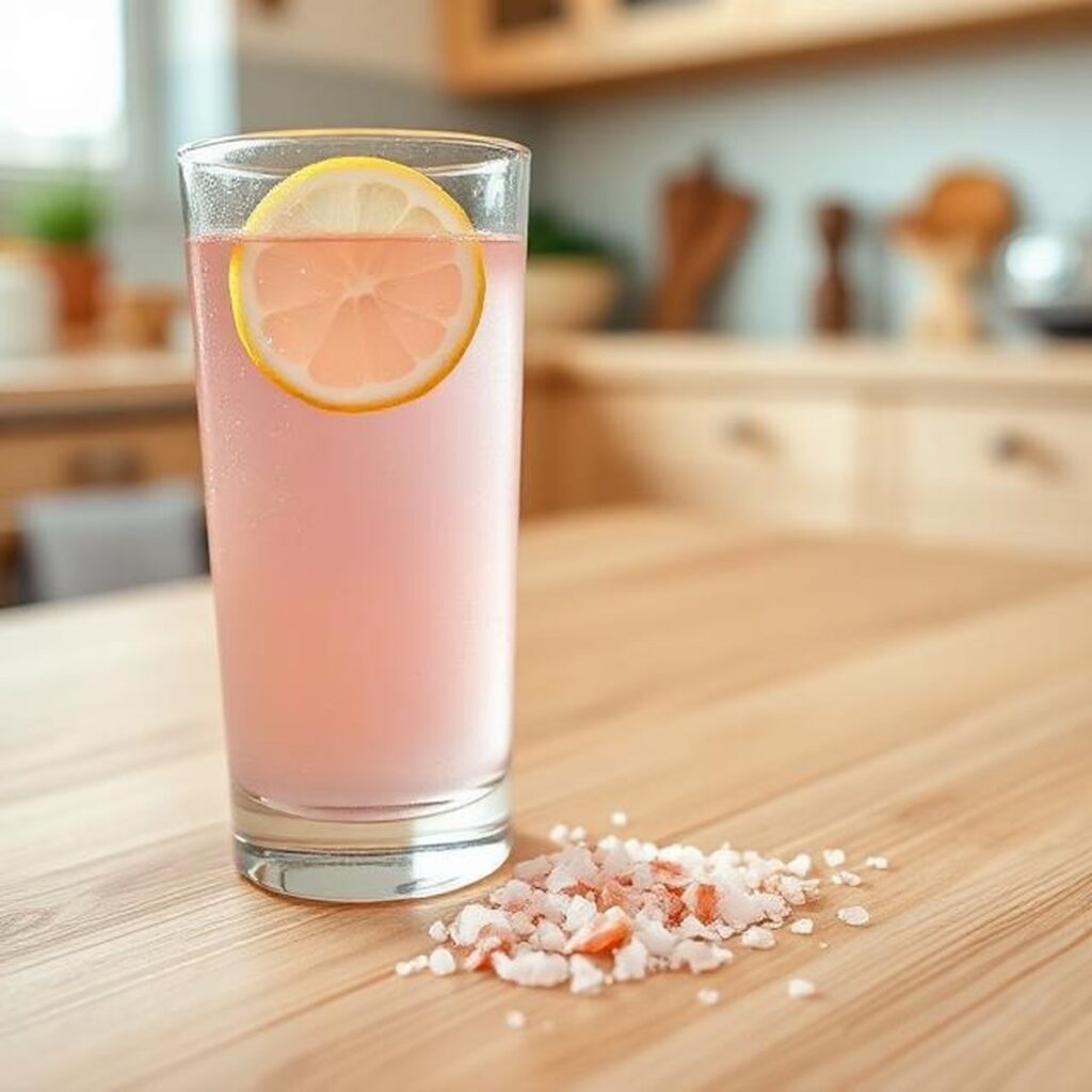 Glass of pink salt trick weight loss drink with lemon slice on wooden table