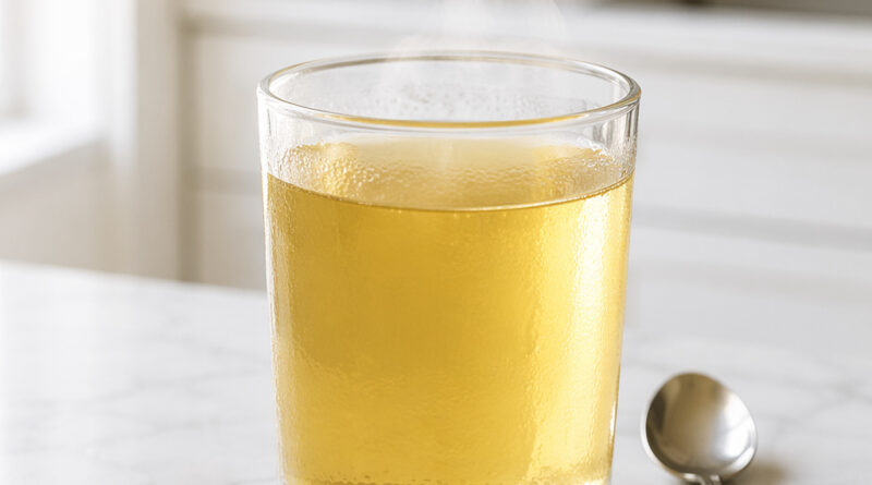 Glass of golden gelatin drink for the gelatin trick weight loss method