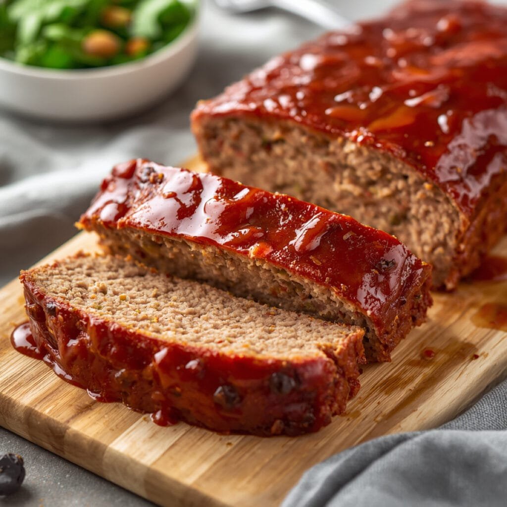 Sliced meatloaf on a cutting board with glaze visible