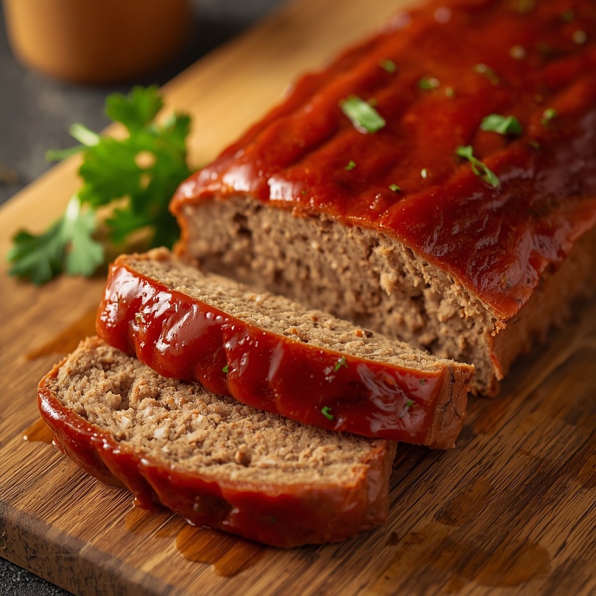 Sliced meatloaf with glossy ketchup glaze on a wooden cutting board