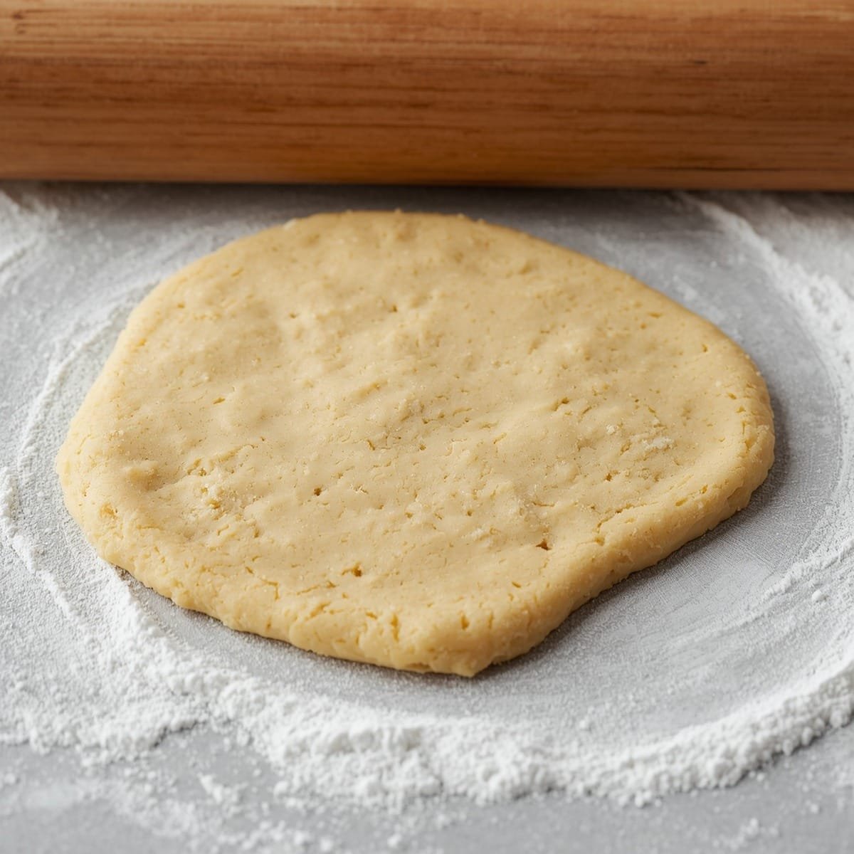 Chilled sugar cookie dough being rolled out on a floured surface