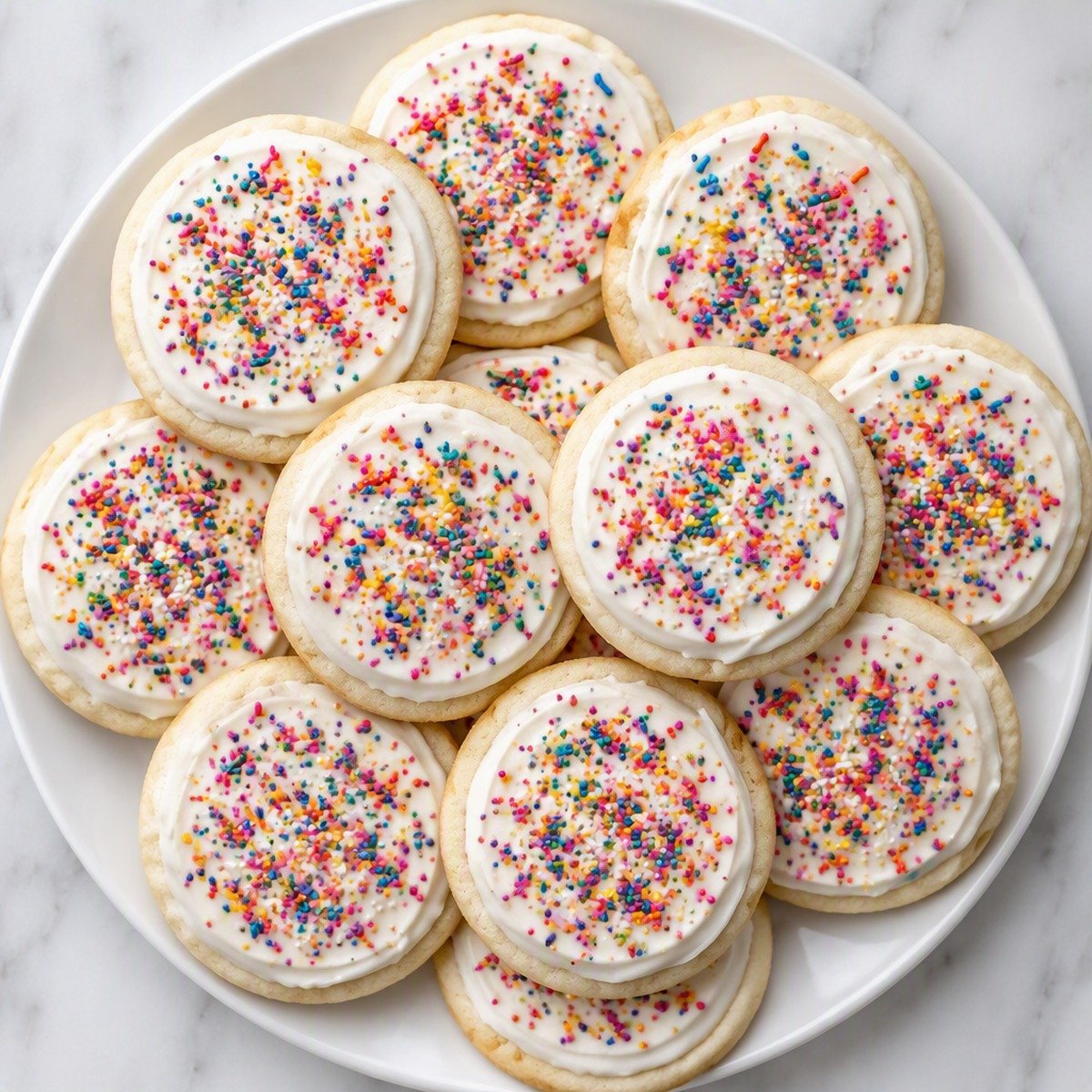 Sugar cookies with white icing and colorful sprinkles on a plate