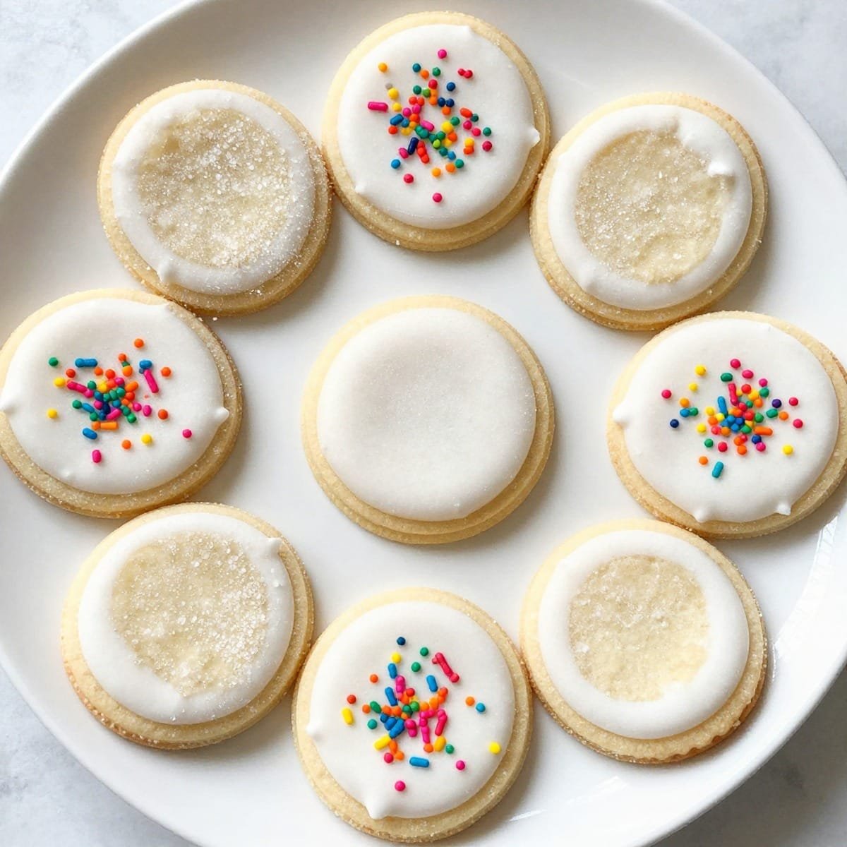 Sugar cookies with white icing and colorful sprinkles on a plate