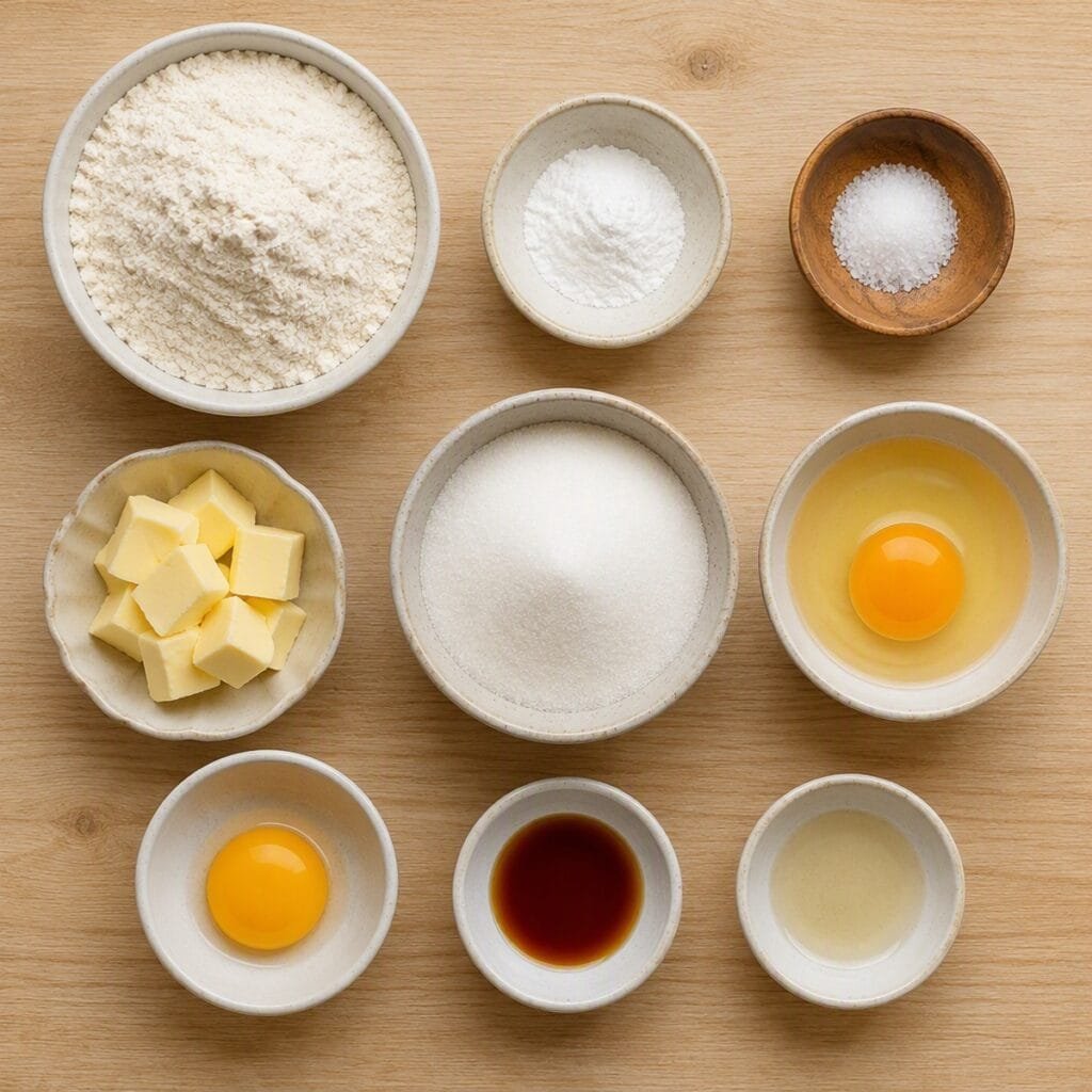 Sugar cookie ingredients laid out in individual bowls