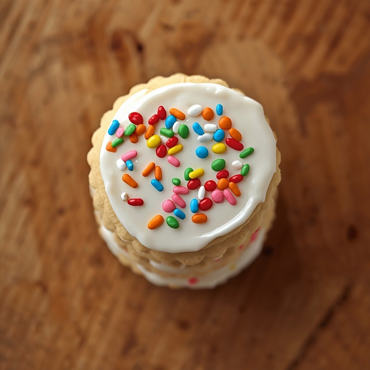 Stack of frosted sugar cookies with white icing and sprinkles