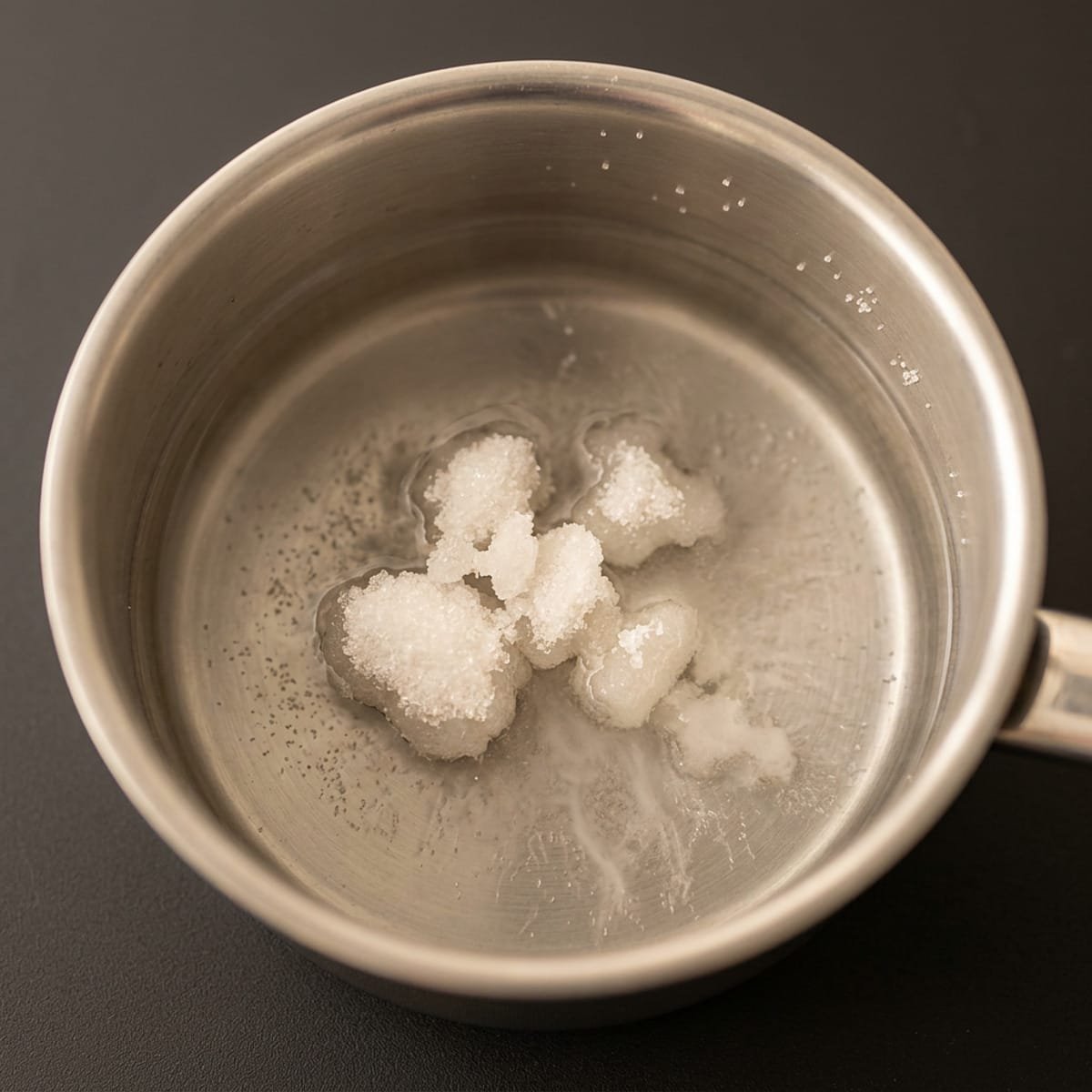 Sugar dissolving into water in a small saucepan for this lemonade recipe