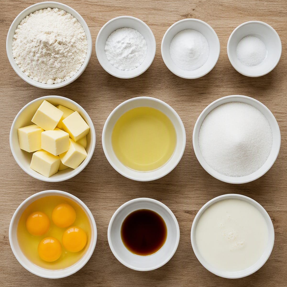 Flat lay of vanilla cake ingredients in individual bowls on a light wooden surface
