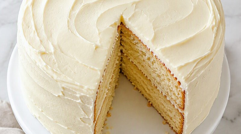 Overhead shot of a frosted two-layer vanilla cake with a slice cut out showing the soft crumb