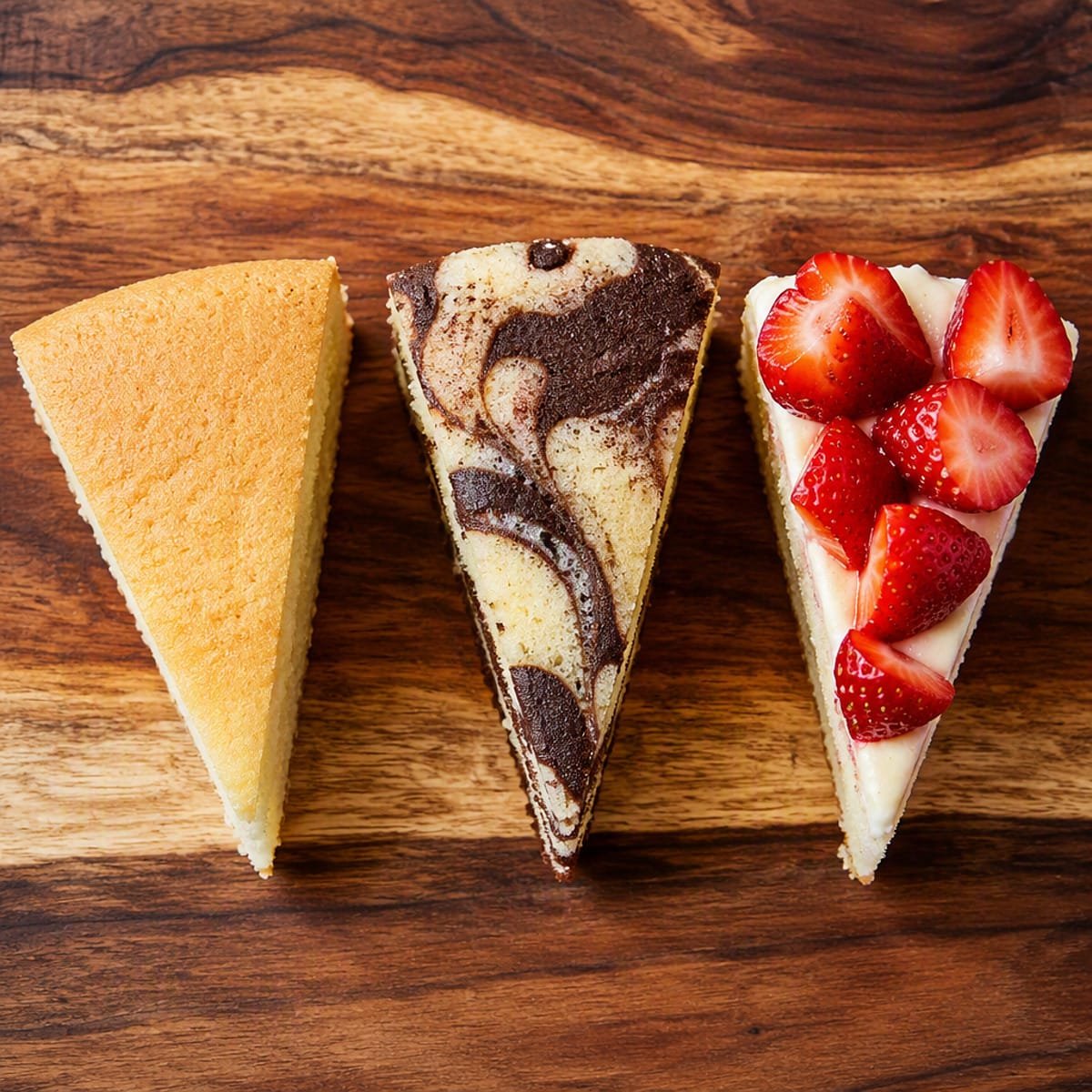 Three small vanilla cake variations side by side on a wooden board, one plain slice, one marble slice with chocolate swirl, one topped with fresh strawberries