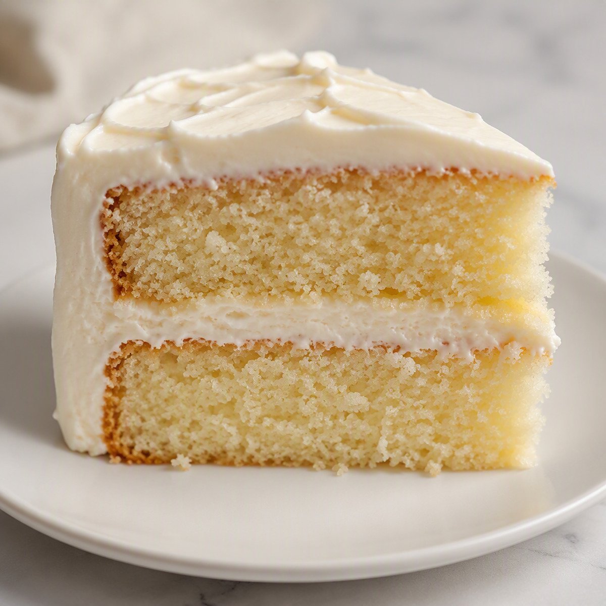 Close-up of a single slice of two-layer frosted vanilla cake on a white plate, soft crumb visible