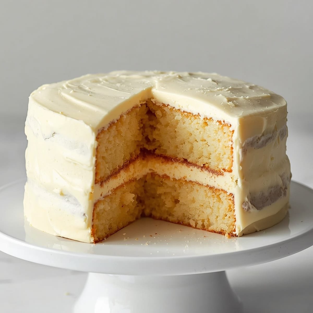 Two-layer frosted vanilla cake on a white cake stand with a slice removed showing the soft crumb