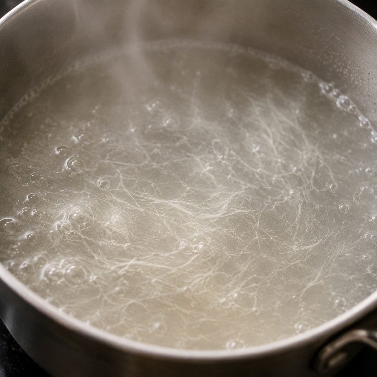Agar-agar powder dissolving in a simmering saucepan of liquid