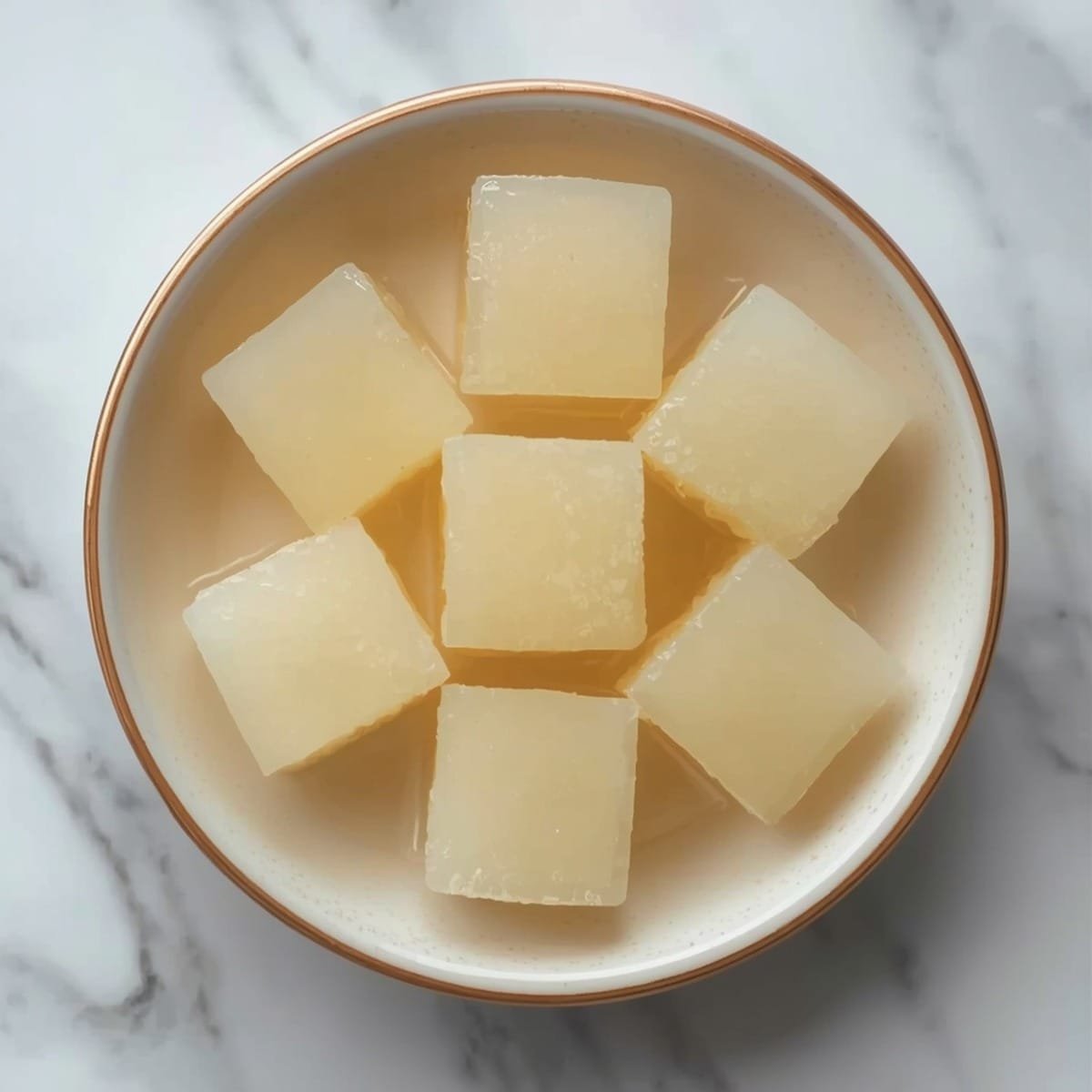 Firm translucent vegan gelatin jelly cubes set in a small bowl