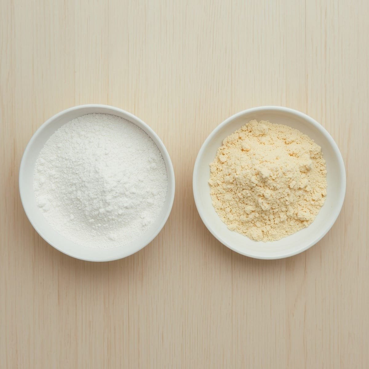 Agar-agar powder in a small white bowl next to gelatin powder for comparison