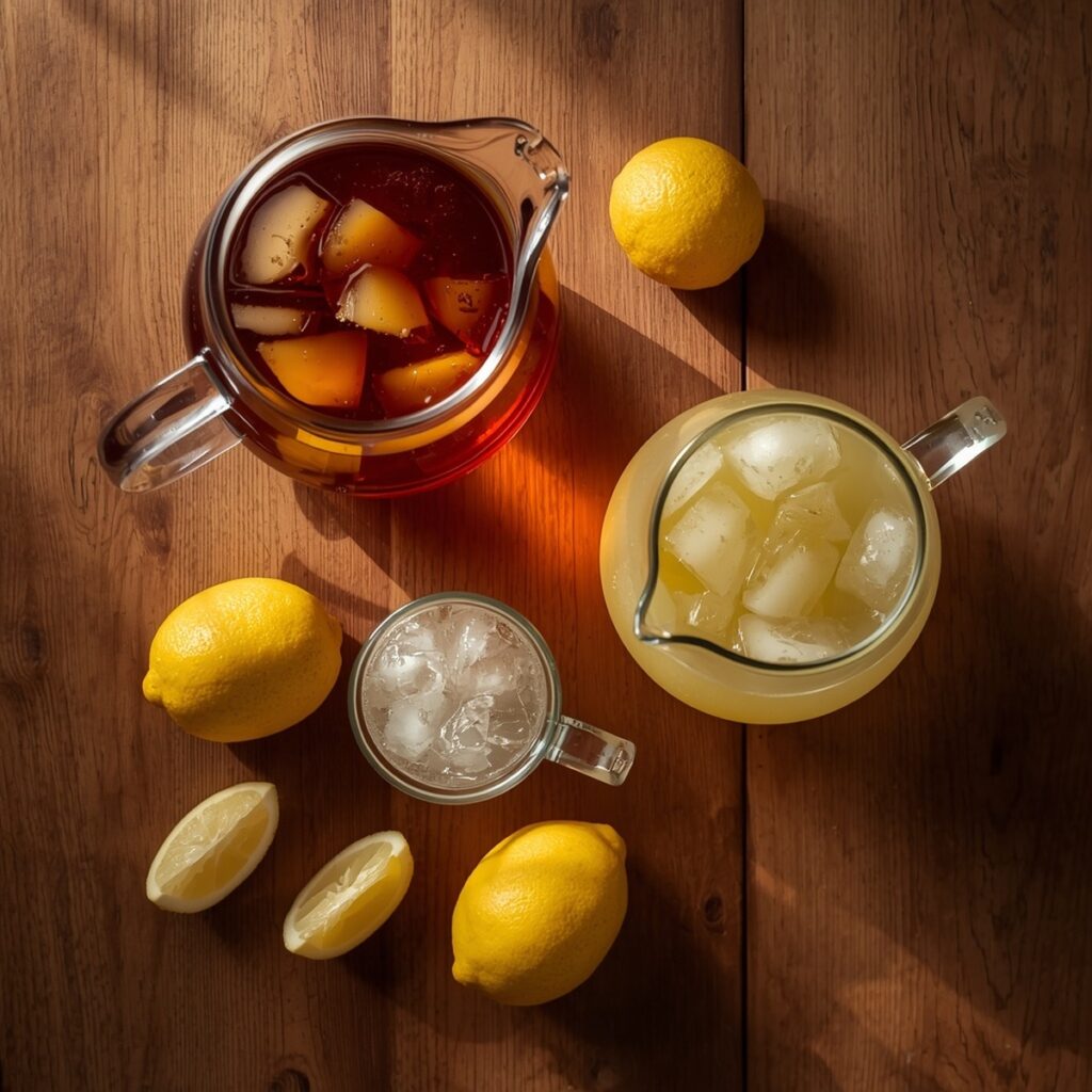  Ingredients for an Arnold Palmer drink recipe laid out on a counter