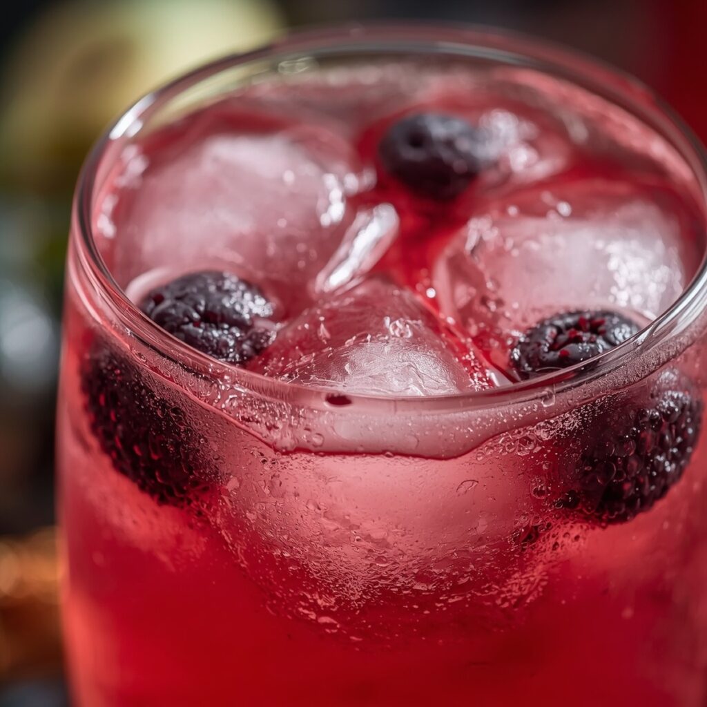 A berry sparkling cooler with muddled berries
